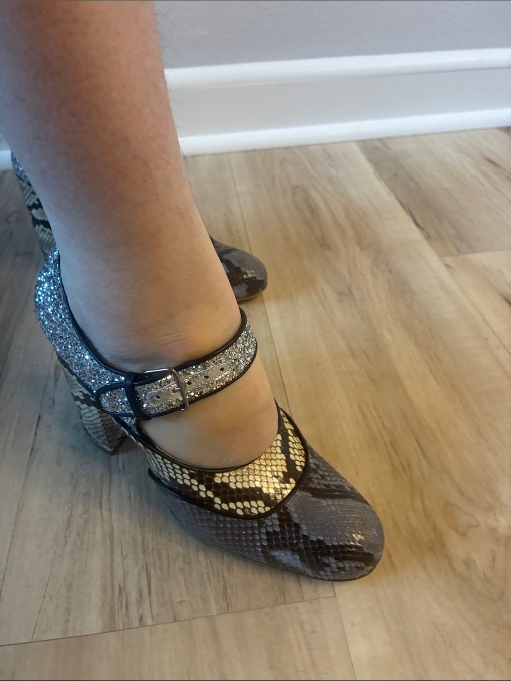 Miu Miu Glitter Strap Snake-Print Mary Jane Heels - Black/Gold